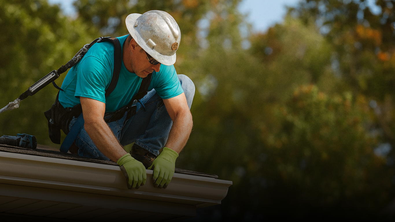 Prestige installer setting a gutter system during the project process