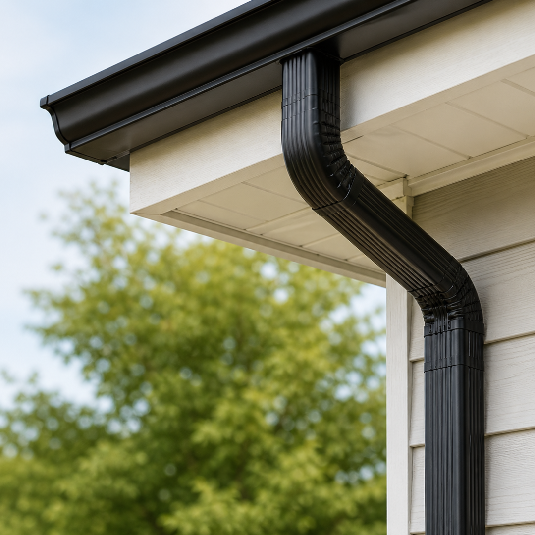 Black gutter and downspout detail on a clean residential exterior