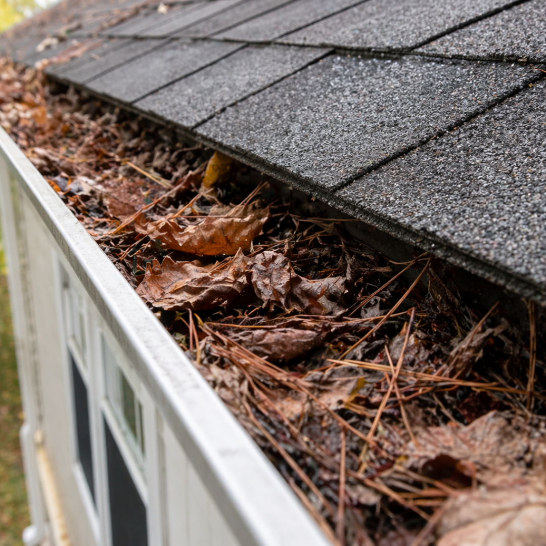 Leaves and pine needles clogging a gutter before cleaning