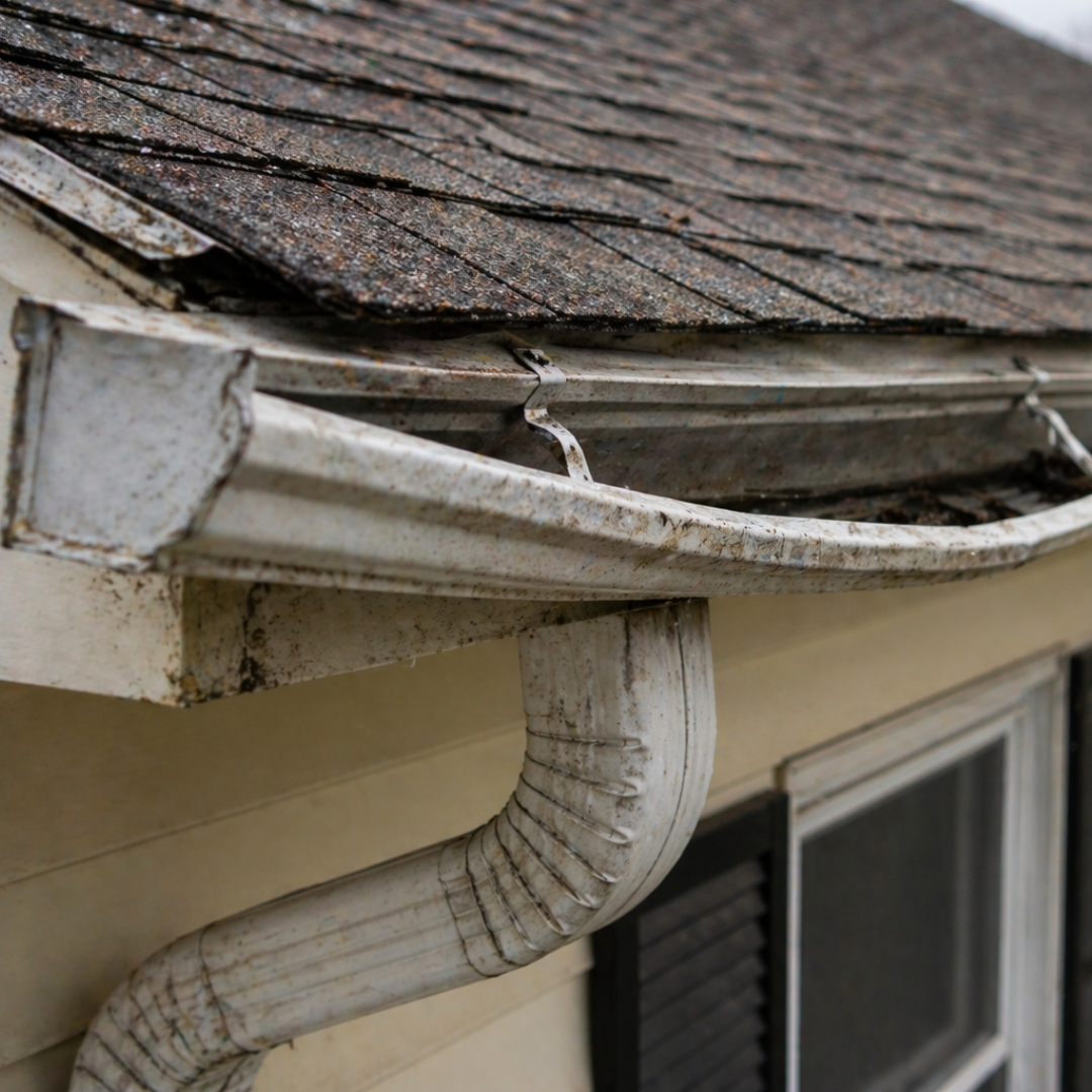 Damaged sagging gutter needing repair and tune-up