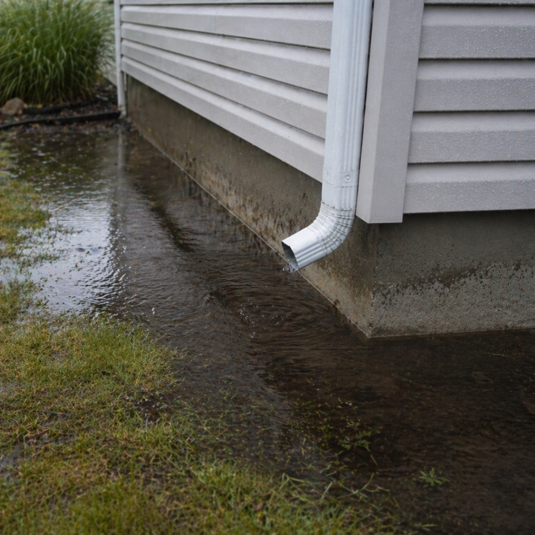 Downspout dumping water near a foundation before drainage correction