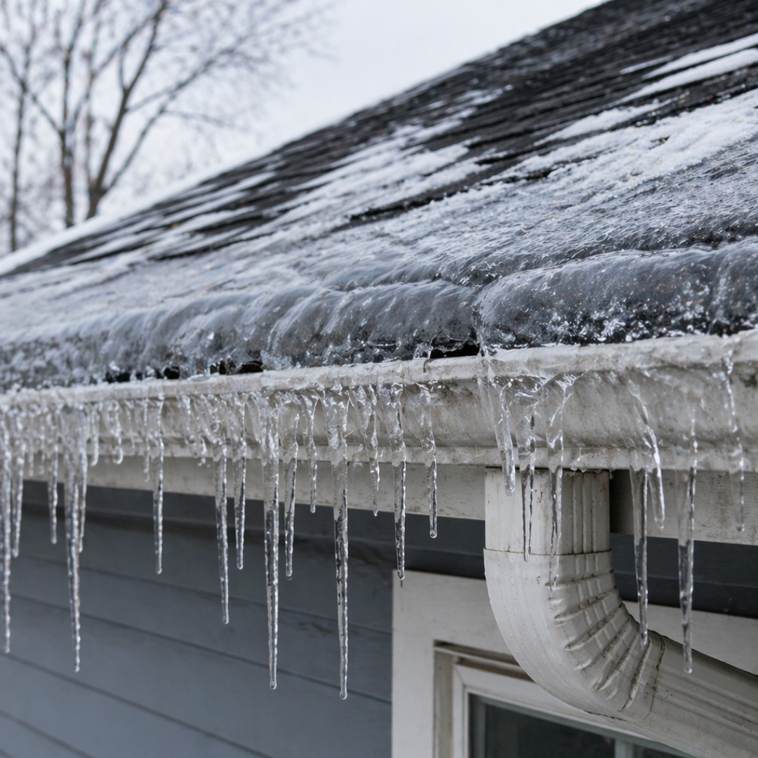 Ice buildup along a gutter showing why roofline inspections matter